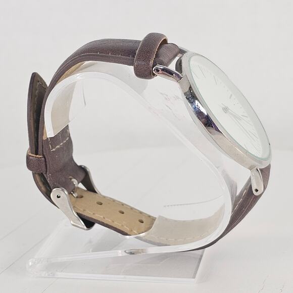 Women's Quartz Watch White Dial Brown Faux Leather Band Silver Case 40mm - Picture 7 of 12